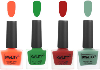 

Kwality Velvet Dull Matte Posh Shades Party Girl Range Nail Polish Sets Carrot Orange,Dark Green,Red,Mischievous Mint(Pack of 4)