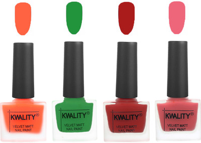 

Kwality Velvet Dull Matte Posh Shades Party Girl Range Nail Polish Sets Carrot Orange,Dark Green,Red,Nude Pink(Pack of 4)