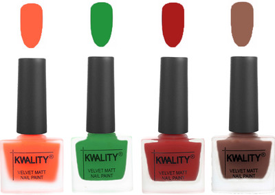

Kwality Velvet Dull Matte Posh Shades Party Girl Range Nail Polish Sets Carrot Orange,Dark Green,Red,Shock Brown(Pack of 4)
