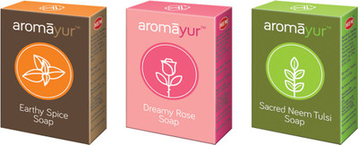

Hem Aromayur Soaps Set of 3 - Scared Neem Tulsi, Dreamy Rose Soap, Earthy Spice Soap(75 g, Pack of 3)