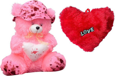 Samayra Toys Combo Offer pack of Two Pink Teddy Bear with Cap & Small Red Heart with Love - 40 cm(Pink, Red)
