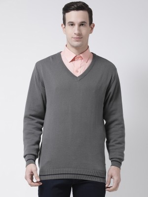 Club York Solid V Neck Casual Men Grey Sweater