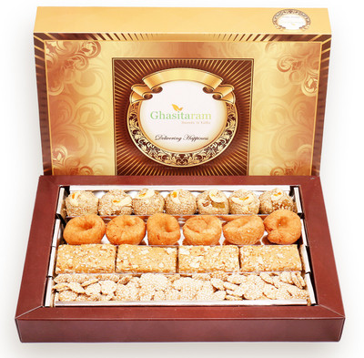 

Ghasitaram Gifts Lohri Sweets- Assorted box of Revadi, Gud Gachak, Khajoor and Til Laddoo (Bhuga)(800 g, Box)