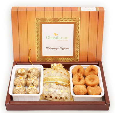 

Ghasitaram Gifts Lohri Sweets-Til Laddoo (Bhuga), Revadi and Khajoor Hamper(600 g, Box)