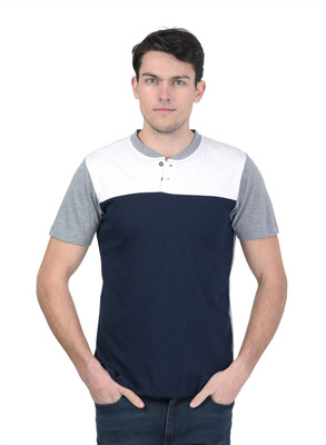 KALT Colorblock Men Henley Neck Dark Blue, White, Grey T-Shirt