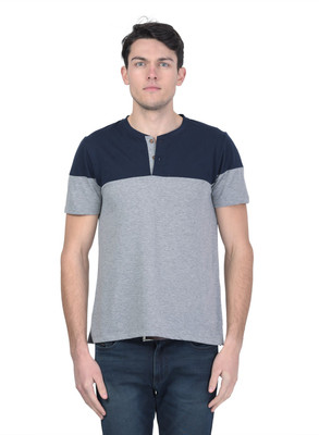 KALT Colorblock Men Henley Neck Blue, Grey T-Shirt