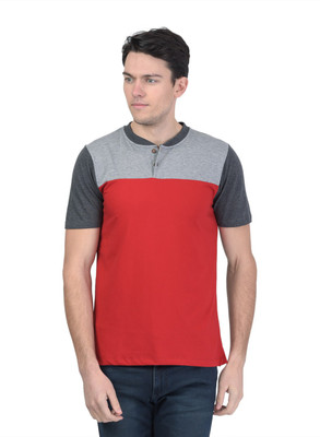 KALT Colorblock Men Henley Neck Red, Grey T-Shirt