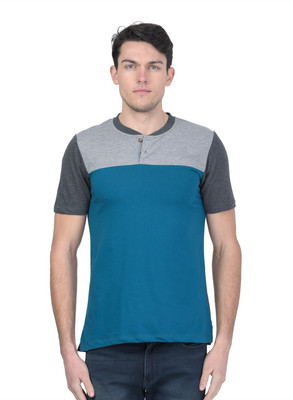 KALT Colorblock Men Henley Neck Blue, Grey T-Shirt