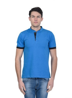 KALT Colorblock Men Mandarin Collar Light Blue T-Shirt