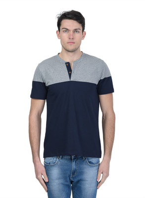 KALT Colorblock Men Henley Neck Blue, Grey T-Shirt