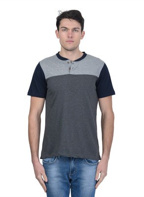 KALT Colorblock Men Henley Neck Grey T-Shirt
