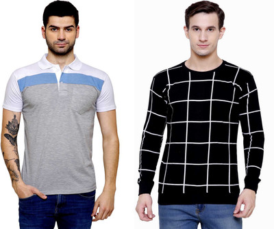 SCATCHITE Color Block, Checkered Men Polo Neck Black, White, Grey T-Shirt(Pack of 2)