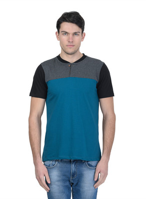 KALT Colorblock Men Henley Neck Blue, Black, Grey T-Shirt
