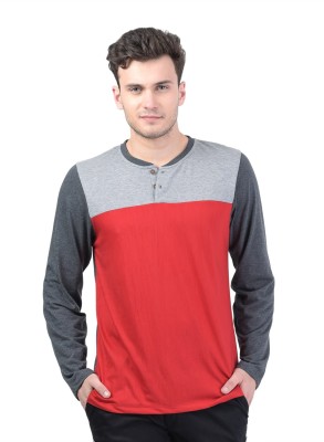 KALT Colorblock Men Henley Neck Red, Grey T-Shirt