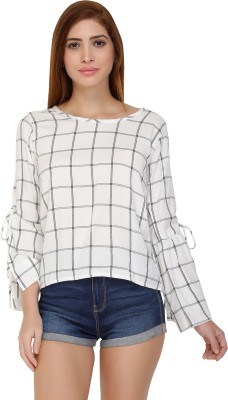 Chimpaaanzee Casual Slit Sleeve Checkered Women White Top