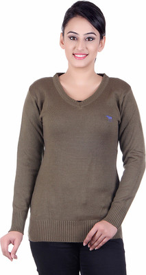 

Japroz Solid V-neck Casual Girls Grey Sweater, Olive brown