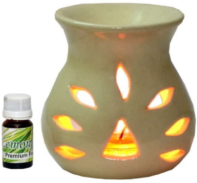 Bright Shop lemongrass Diffuser Set Ceramic Aroma Tealight Diffuser Air Diffuser With Fragrance Oil (10 ML) White Colour Pot Shape(10 ml)