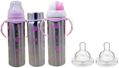 

Teeny Weeny 3 In 1 Multifunctional Baby Steel Feeding Bottle Cum Sipper Cum Straw - 240 ml - With Normal Flow Baby Nipples 2pcs Combo - 240 ml(Pink)