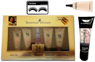 

caroline Eyelashes with shahnaz herbals 24 Carat Gold Facial Kit & Mattifying Base Primer With Select Cover up Concealer(Set of 4)