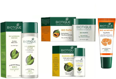 

BIOTIQUE BIO Morning Nectar Flawless Skin Lotion For All Skin Types, Bio Papaya Revitalizing Tan Removal Scrub, Bio Dandelion Ageless Lightening Serum, LIP CARE(Set of 4)