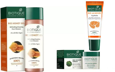 

BIOTIQUE BIO Honey Gel Refreshing Foaming Face Cleanser For All Skin Types, Bio Winter Green Sport Correcting Anti Acne Cream, LIP CARE(Set of 3)