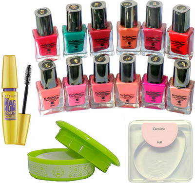 

caroline Silicon puff, Mac Nail Paint (set of 12), Nail Paint Remover & Maybelline The Magnum Mascara(Set of 15)
