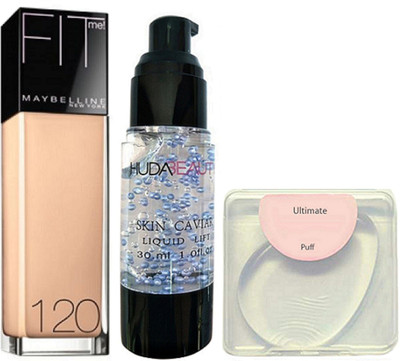 

Ultimate silicon puff, Maybelline Fit me foundation, Huda beauty skin caviar primer(Set of 3)