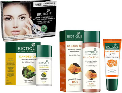 

BIOTIQUE BIO Diamond Facial Kit, Bio Dandelion Ageless Lightening Serum, Bio Honey Gel Refreshing Foaming Face Cleanser For All Skin Types, LIP CARE(Set of 4)