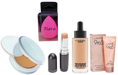 

tiara Sponge Puff,Mac Studio water Weight Foundation,Stick Concealer,Maybeillene New York Compact,LakmeWeightless Mousse Foundation(Set of 5)