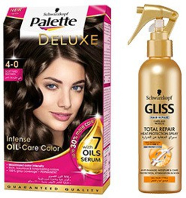 

Schwarzkopf Palette Deluxe Oil- Care Color Permanent 4-0 Soft Mid Brown (115ml) with Heat protection spray(Set of 2)