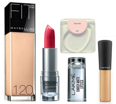 

Adorable silicon puff, maybelline new york fit me foundation, lakme inrich lipstick , mac mineralize concealer(Set of 4)