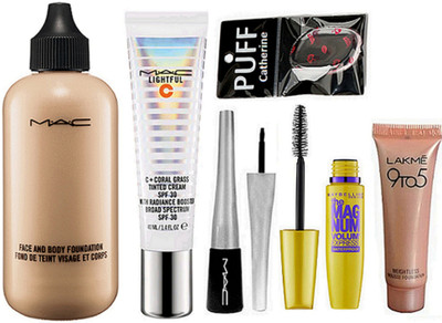 

catherine silicon puff, Mac face and body foundation, lightful tinted cream, liquid eyeliner, lakme 9to5 weightless mousse foundation, The mag num mascara(Set of 6)