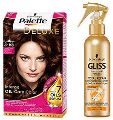 

Schwarzkopf Palette Deluxe Oil- Care Color Permanent 3-65 Chocolate Brown with Heat protection spray(Set of 2)