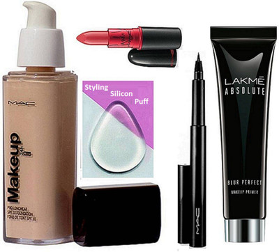 

Styling Silicon Puff, Mac Makeup Pro Long wear Foundation, Lady Gaga Lipstick, Pen Liner, Lakme Absolute Blue Perfect Makeup Primer(Set of 5)