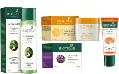 

BIOTIQUE BIO Cucumber Pore Tightening Toner, Bio Aloe Vera 30+ Spf Sunscreen Cream, Bio Saffron Dew Youthful Nourishing Day Cream , LIP CARE(Set of 4)