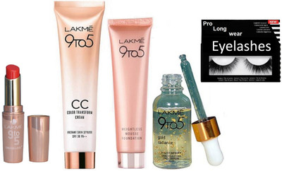 

Pro longwear combo Eyelashes, Weightless Mousse Foundation, Skin Base Primer, CC Color Transform Cream SPF 30 PA++ , matte finish Lipstick(Set of 5)