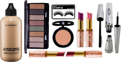 

tiara Eyelashes, Face and Body Foundation, 10 Shade eyeshadow Palette, Eyeliner & Mascara, Star trik Blusher, 9to5 Crease less Lipstick Pack of 4(Set of 10)
