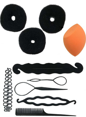 

Bella Hararo 10pc Set Juda Maker+ Heart shape donut + Braid maker + Hair Styling Tool Combo & Half Cut Makeup Foundation Sponge Puff(Set of 10)
