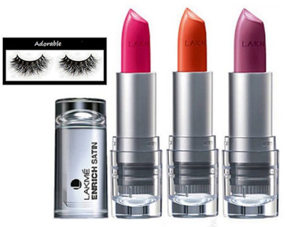 

Adorable eyelashes, lakme inrich multi color long lasting lipstick pack of 3(Set of 4)