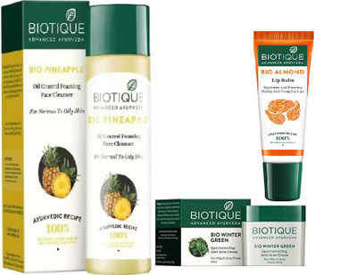 

BIOTIQUE BIO Pineapple Oil Control Foaming Face Cleanser For Normal To Oily Skin, Bio Winter Green Sport Correcting Anti Acne Cream,LIP CARE(Set of 3)