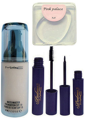 

pink palace Silicon Puff, Mac Match master Foundation, Padma Eyeliner & Mascara(Set of 4)