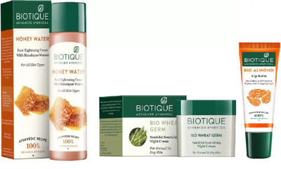 

BIOTIQUE BIO Honey Water Clarifying Toner, Bio Wheat Germ Night Cream, LIP CARE(Set of 3)
