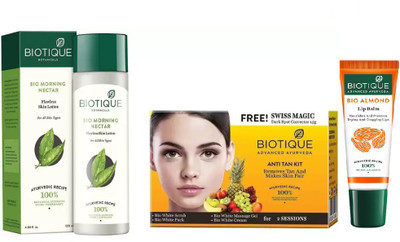 

BIOTIQUE BIO Morning Nectar Flawless Skin Lotion For All Skin Types, Bio Anti Tan Facial Kit , LIP CARE(Set of 3)