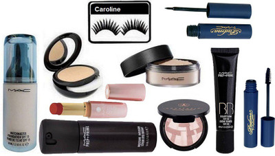

caroline Eyelashes, Match master foundation, compact, Prep+Prime Serum eyliner & Mascara, Loose Powder, Pre+Prime BB Beauty Balm Cream & Crease-less Lipstick & Blusher(Set of 10)