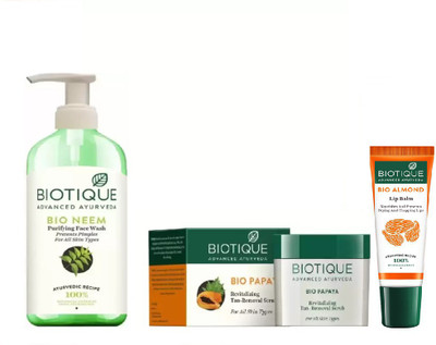 

BIOTIQUE BIO Neem Purifying Face Wash, Bio Papaya Revitalizing Tan Removal Scrub , LIP CARE(Set of 3)