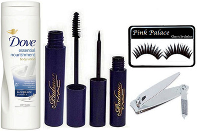 

pink palace Eyelashes, Mac Padma Eyeliner & Mascara, Nail Clipper, Dove Essential nourishment Body Lotion(Set of 5)