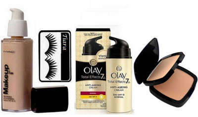 

tiara Eyelashes & Total Effects 7 Anti Ageing cream and Makeup 24hr Pro Long Wear Spf 10 Foundation , Studio Fix compact(Set of 4)