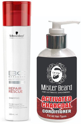

MISTER BEARD CHARCOAL CONDITIONER WITH SCHWARZKOPF REPAIR RESCUE SHAMPOO(Set of 2)