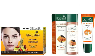 

BIOTIQUE BIO Anti Tan Facial Kit, Bio Honey Gel Refreshing Foaming Face Cleanser For All Skin Types, LIP CARE(Set of 3)