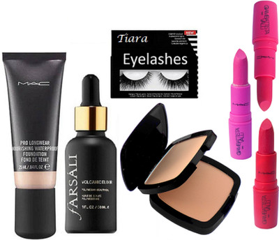 

tiara Eyelashes, Mac Studio Fix Compact,Pro Long wear foundation,Giambattista valli Lipstick 3,Volcanic Elixir Farsali(Set of 7)
